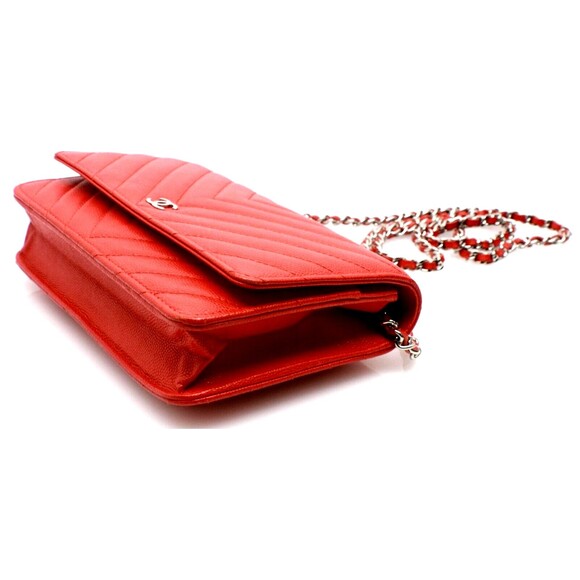 Chanel Caviar Quilted Chevron Wallet On Chain Red - Picture 3 of 11